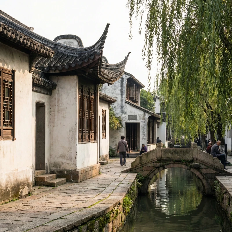 Historic architecture and canals in a Suzhou water town