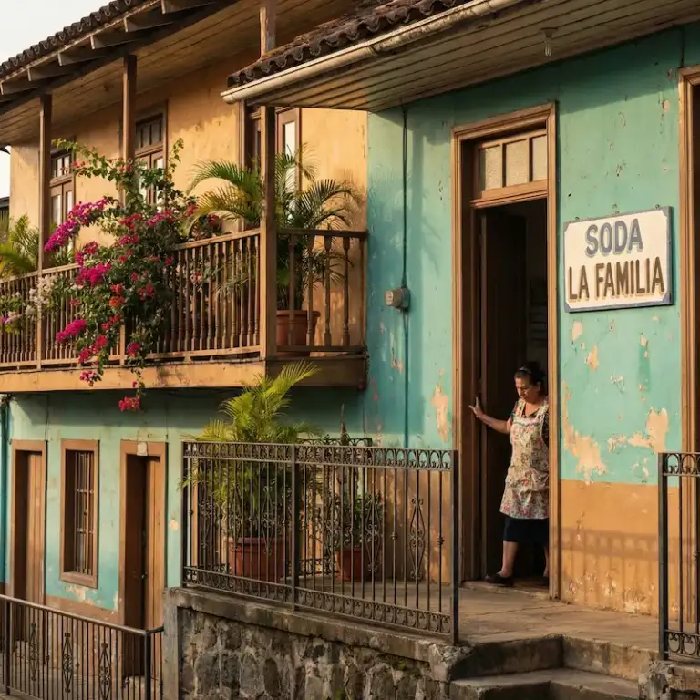 Traditional Costa Rican building and local restaurant on a colorful neighborhood street