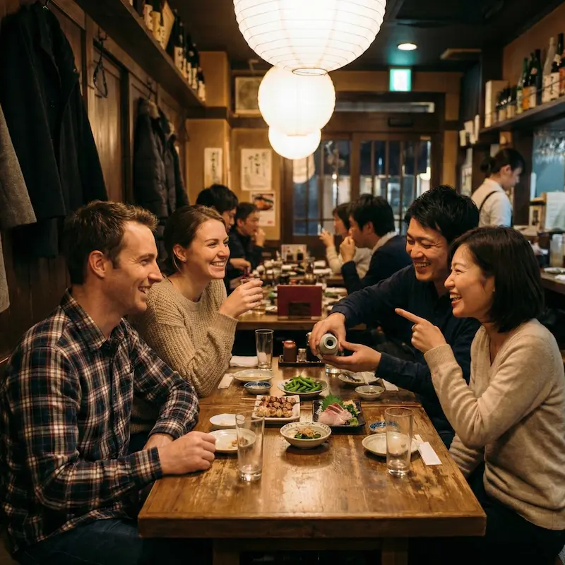 Foreign English teachers dining with Japanese friends at a traditional izakaya