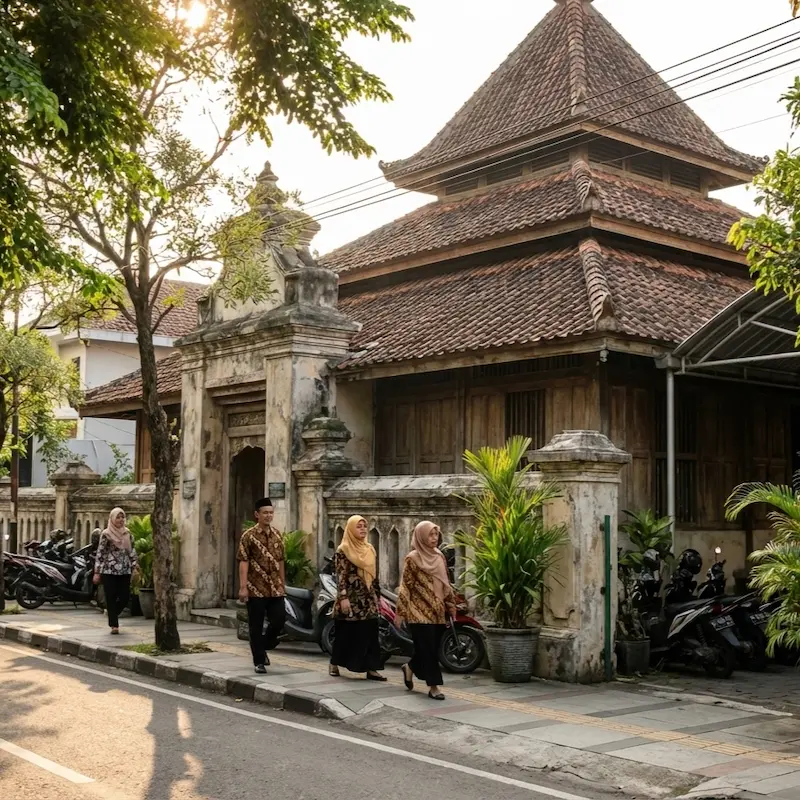 Traditional Indonesian mosque architecture and cultural street scene