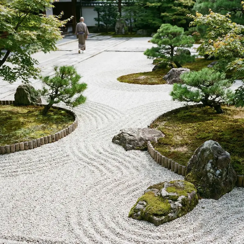 Traditional Japanese Zen garden with raked gravel, stones, and moss