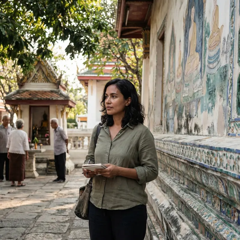 English teacher visiting a traditional Buddhist temple in Thailand