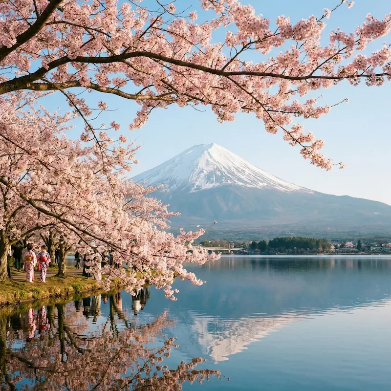Mount Fuji with cherry blossoms reflected on a lake in Japan
