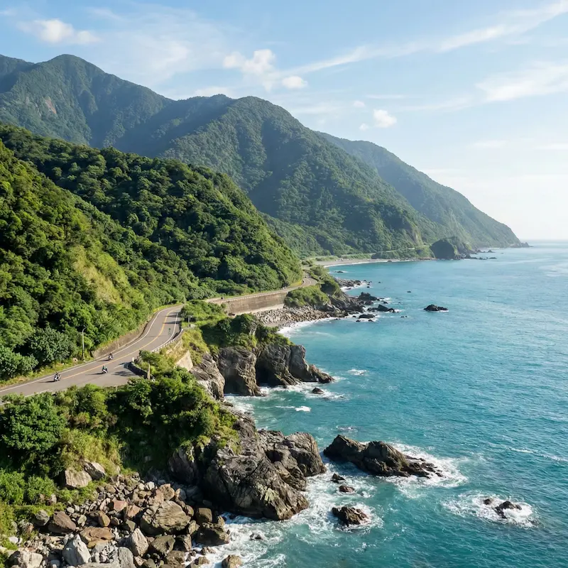 Taiwan coastline with mountains, ocean, and scenic coastal road