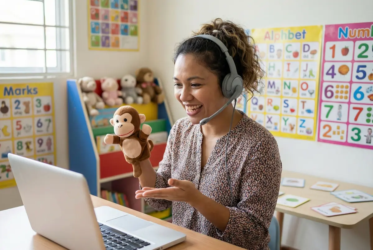 Online English teacher using puppets to teach young learners in a colorful home classroom