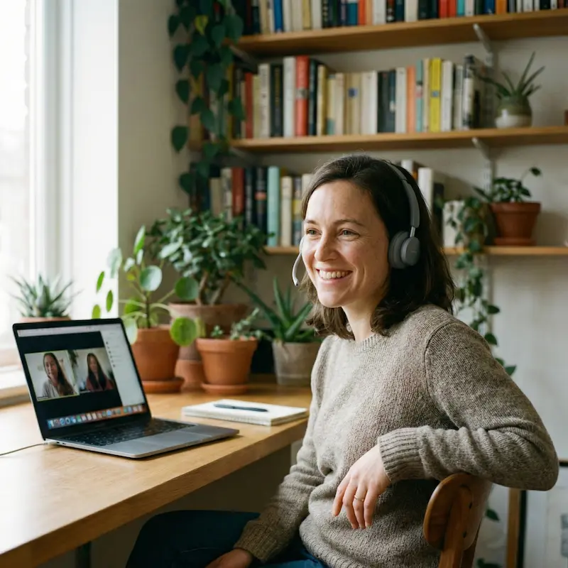 Online English teacher smiling during a video call lesson