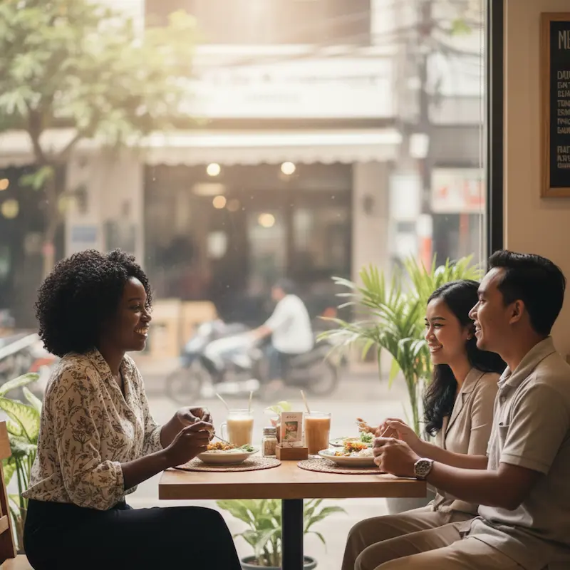 International teachers and students socializing in a modern Indonesian cafe