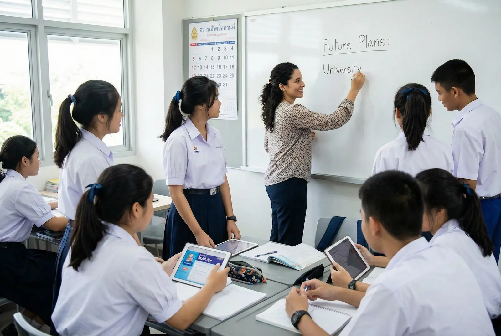 TEFL teacher engaging with students in a Thai high school classroom | myTEFL Thailand