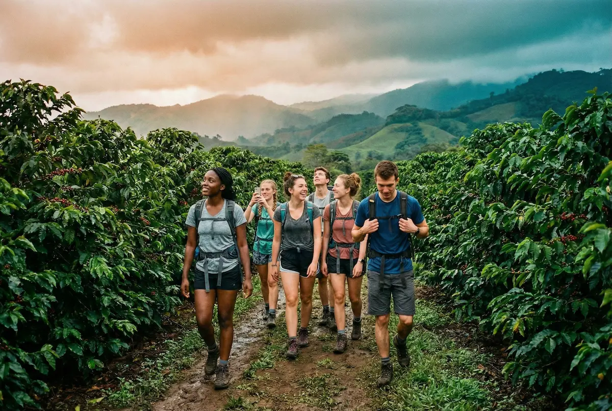 TEFL trainees hiking through coffee plantations in San Ramon, Costa Rica