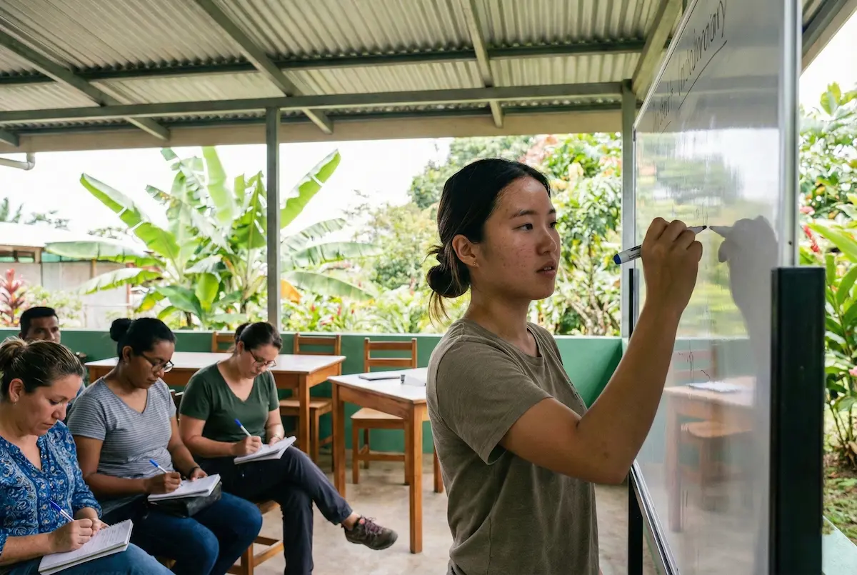 TEFL trainee practicing teaching in an open-air classroom in Costa Rica