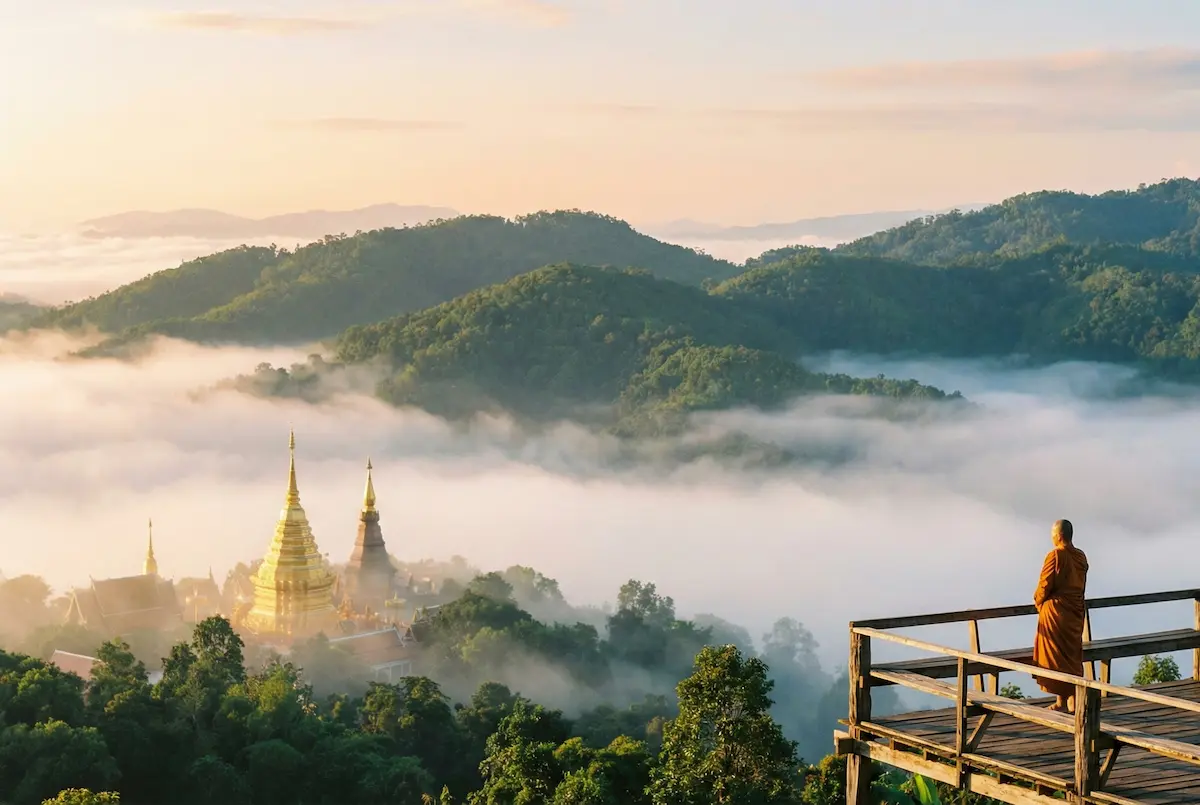 Mountain and temple landscape in Thailand representing cultural and regional teaching placements